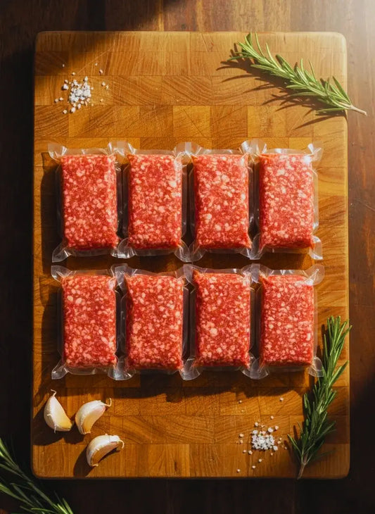 8 packs of high-protein ground beef on the chopping board with herbs, garlic, salt, and pepper