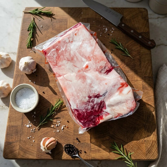 A vacuum-sealed package of raw beef brisket rests on a wooden cutting board, surrounded by rosemary sprigs, garlic cloves, coarse salt, and a small spoonful of black pepper.