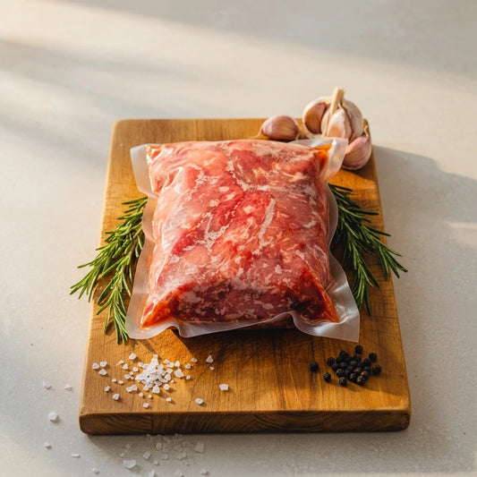 A vacuum-sealed package of raw fajita strips on a wooden cutting board with garlic, rosemary, coarse salt, and black peppercorns.