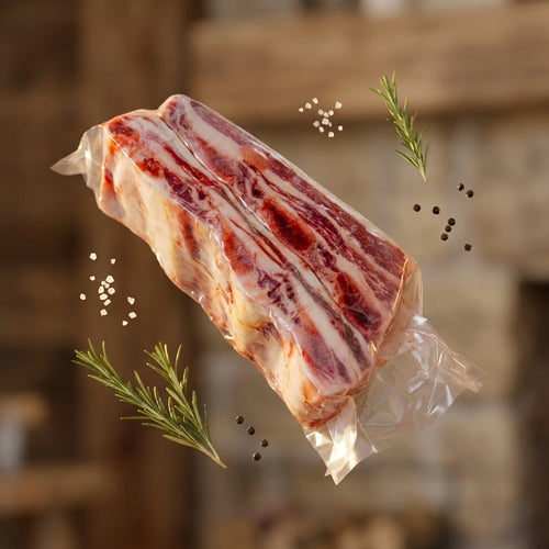 Beef short ribs floating against a blurred rustic wooden background with rosemary sprigs and scattered peppercorns.