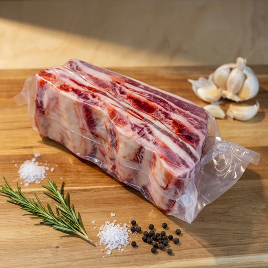 A vacuum-sealed cut of beef short ribs with visible fat marbling sits on a wooden cutting board