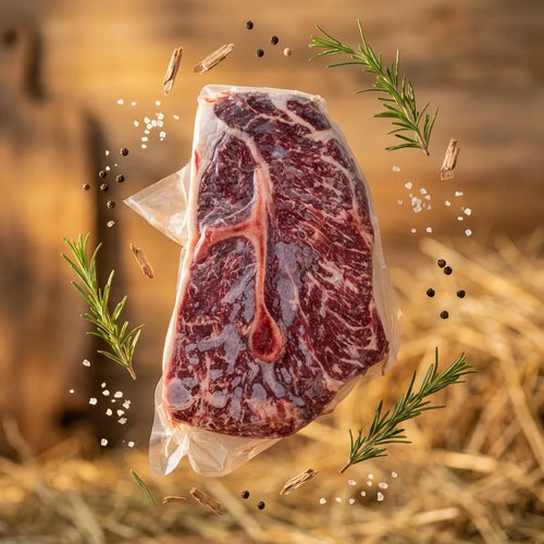 Beef roast in vacuum seal surrounded by rosemary, sea salt and peppercorns in a barn setting