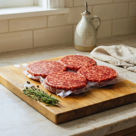 Burger patties on a cutting board