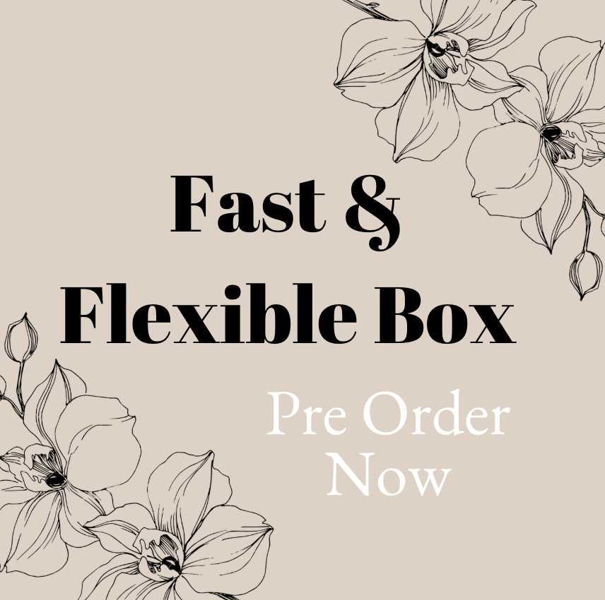 Promotional text for a 'Fast & Flexible Box' with floral illustrations on a beige background.