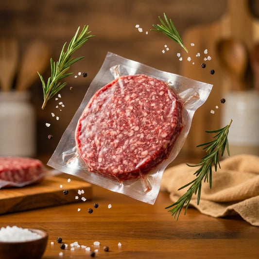 A vacuum-sealed package of raw grass fed patty meat floating over a wooden table, surrounded by rosemary sprigs, coarse salt, peppercorns