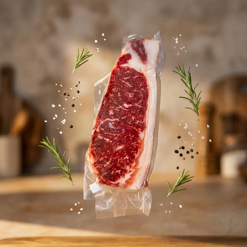 New York strip steak from Diamond D Ranch floating with rosemary, salt, and peppercorns