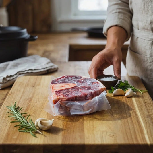 Osso buco pack on a kitchen cutting board as a cook reaches for salt and garlic