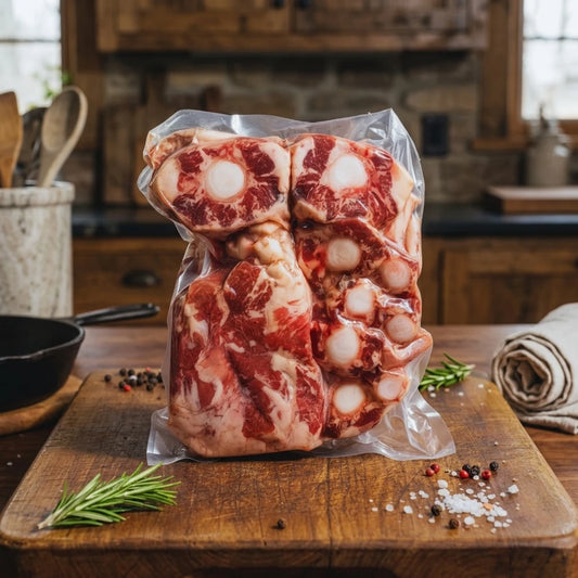 Diamond D Ranch oxtail pack standing on a board in a rustic stone kitchen