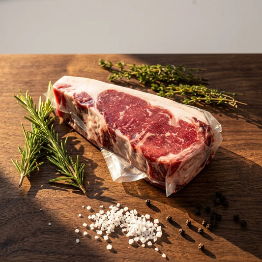 Vacuum-sealed grass-fed ribeye on walnut wood with rosemary, thyme, coarse salt, and pepper