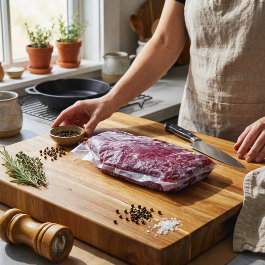 Cook placing a vacuum-sealed skirt steak on a butcher block with knife and peppercorns