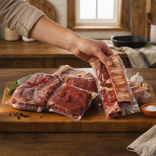 Hand holding a sealed pack of beef short ribs above a board of slow cooker cuts in a kitchen