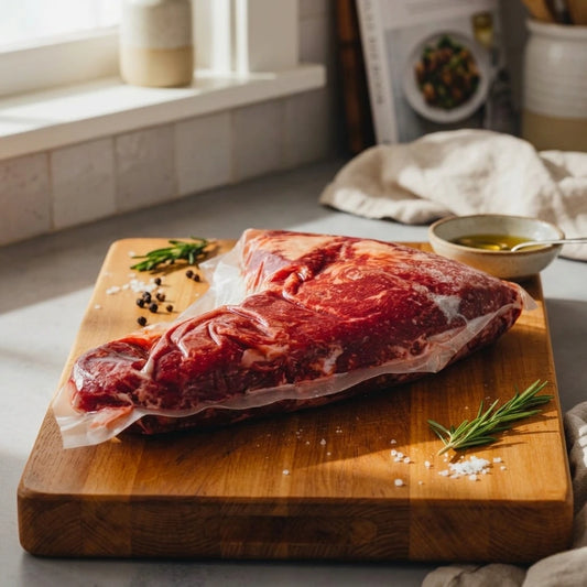 Vacuum-sealed tri tip roast on a wooden board with rosemary and sea salt in a bright kitchen