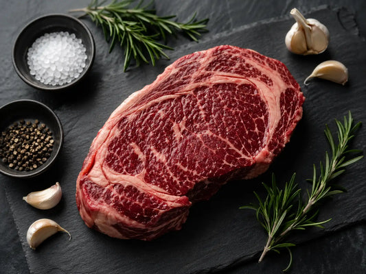 A beef on a chopping board with garlic, salt and pepper