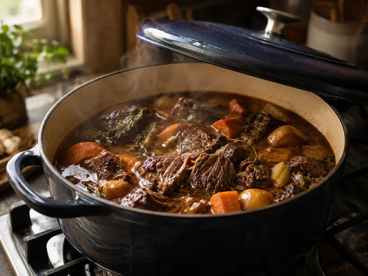 A large Dutch oven sits on a stovetop with the lid slightly ajar, steam rising from braised beef chuck surrounded by root vegetables in a deep amber broth.