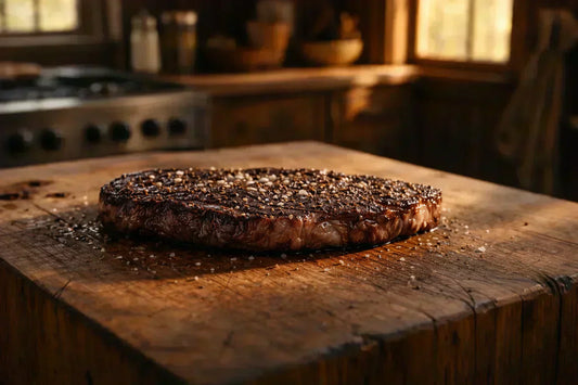 A dry aged ribeye steak on a wooden butcher block in a rustic ranch kitchen