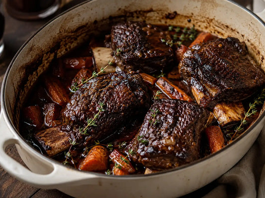 A plated dish of braised bone-in beef short ribs in a rich dark red wine reduction sauce, served in a rustic white ceramic baking dish or cast iron braiser.