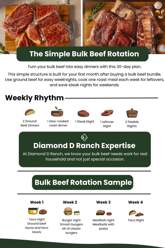Infographic showing a 30-day bulk beef meal plan. Includes photos of raw beef, a weekly rotation chart, four-week meal suggestions.