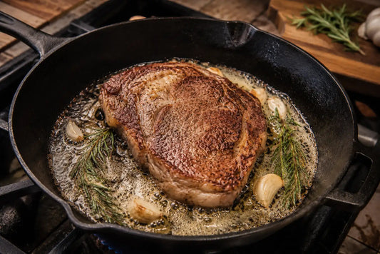 Diamond D ranch Ribeye Steak in a cast-iron steak