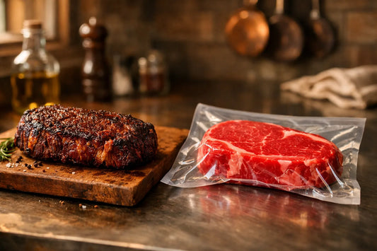  Dry aged beef on a wooden board compared to a vacuum-sealed wet aged steak