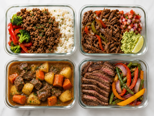 Flat-lay of four glass meal prep containers, each filled with different beef-based meals