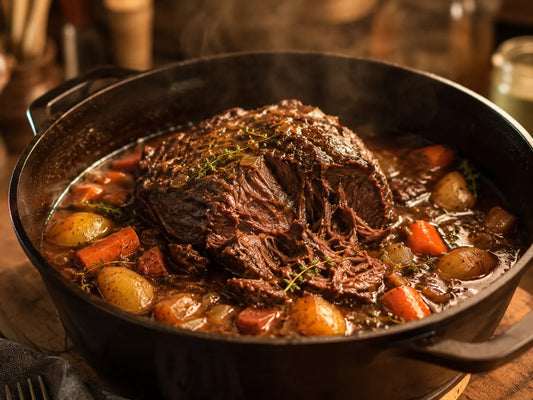 A fork-tender braised chuck roast in a dark Dutch oven, surrounded by carrots, potatoes, and herbs in a rich brown braising liquid. 