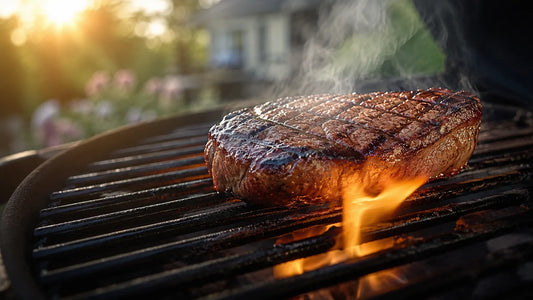 Grass fed sirloin steak searing on a hot grill with crosshatch marks