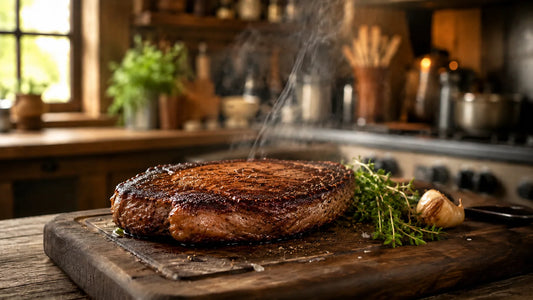 A  grass-fed steak resting on a dark wooden cutting board, ambient kitchen lighting, steam gently rising, rich mahogany crust visible. 