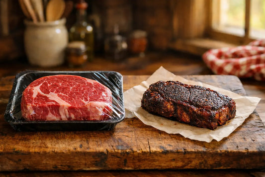 Ranch beef and grocery store beef compared side by side on a wooden butcher block