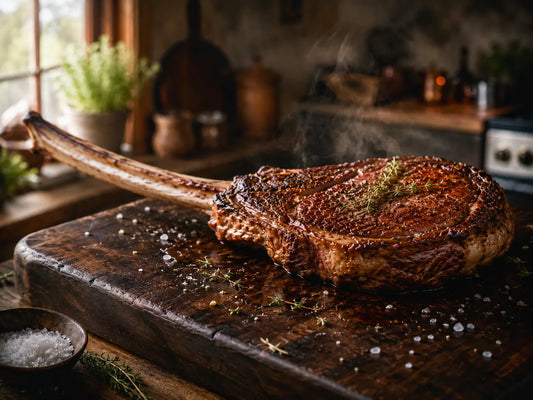 A tomahawk steak resting on a dark wooden cutting board, long rib bone extending to one side, deeply golden-brown sear crust, wisps of steam rising.