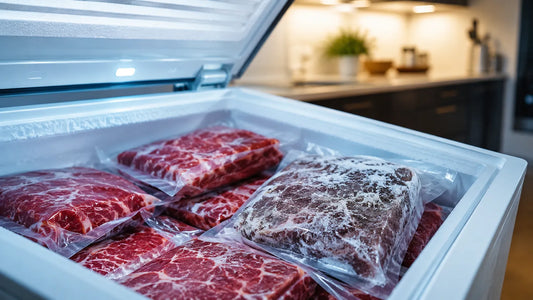 Vacuum-sealed beef packages in a chest freezer, one showing signs of freezer burn with white patches and discoloration. Dimensions: 1920x1080, 16:9.