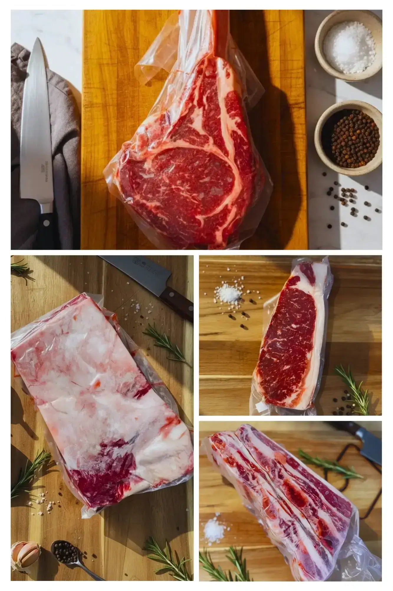A collection of Individual Beef Cuts from Diamond D Ranch featuring Brisket, Tomahawk, New York Strip Steak, and Short Ribs