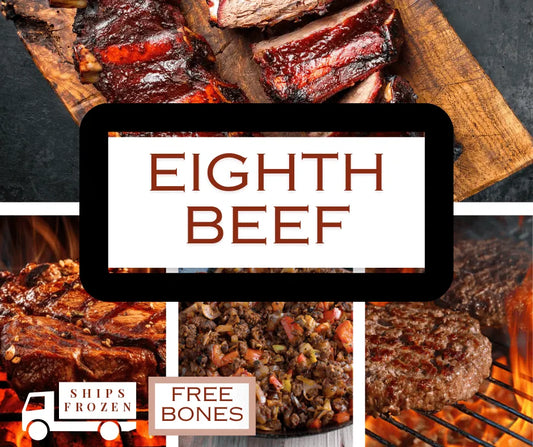 A promotional collage for Eighth Beef featuring close-up photos of cooked beef dishes, including sliced ribs on a cutting board, grilled meat, and a beef patty