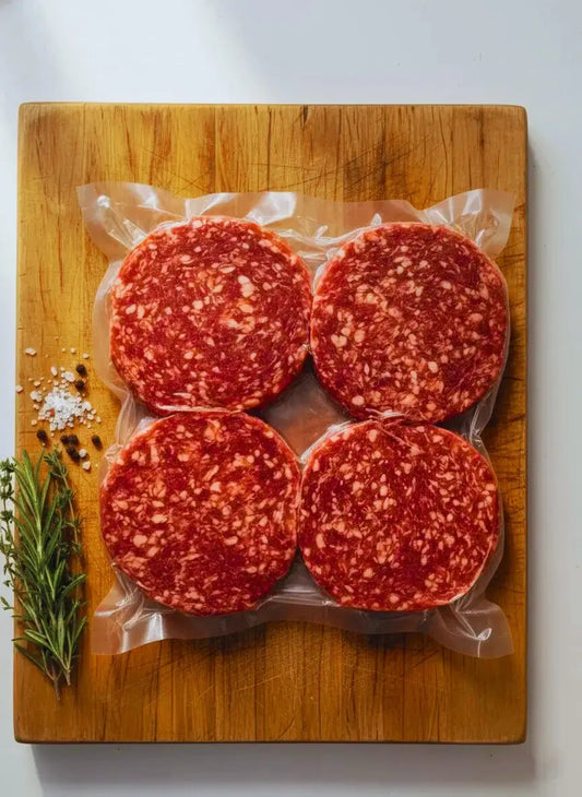 Diamond D Ranch has four raw burger patties vacuum-sealed on a wooden board, ready for an air fry burger recipe.