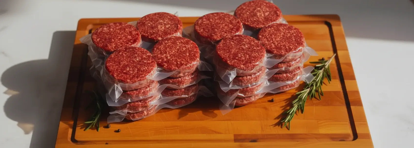 Raw hamburger patties on a wooden cutting board with vacuum-sealed wrap, salt, pepper, and rosemary.