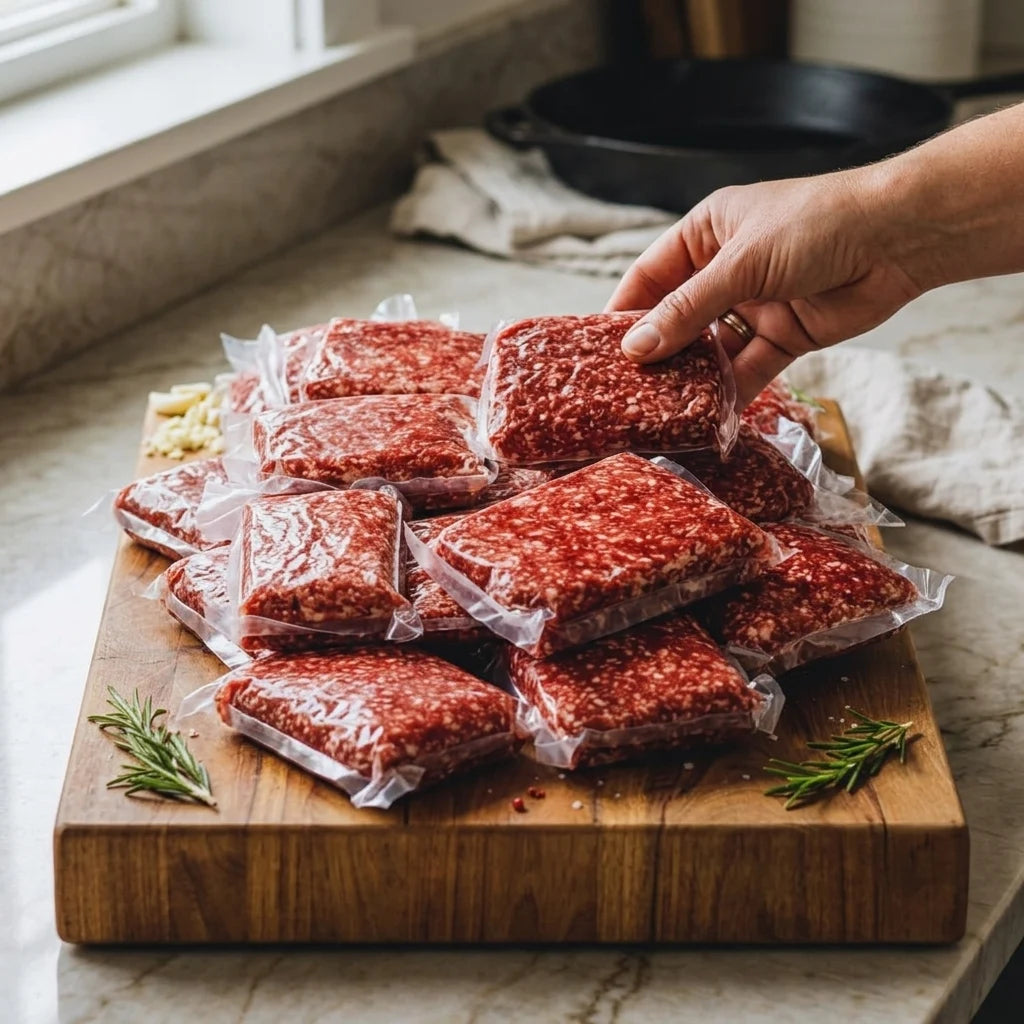 Several vacuum-sealed raw ground meat patties are stacked on a wooden cutting board on a kitchen counter, with a person's hand reaching in to lift one patty. 
