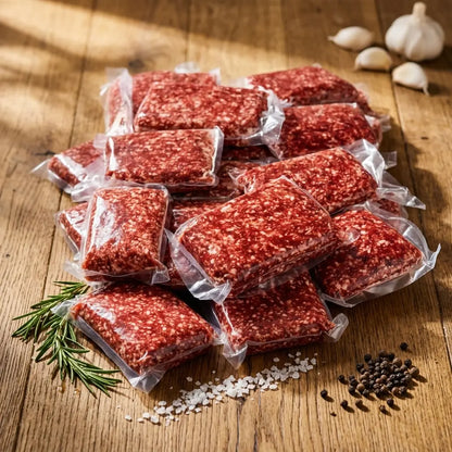 Multiple vacuum-sealed packages of ground meat arranged on a rustic wooden surface, with garlic bulbs, a sprig of rosemary, coarse salt, and peppercorns nearby.