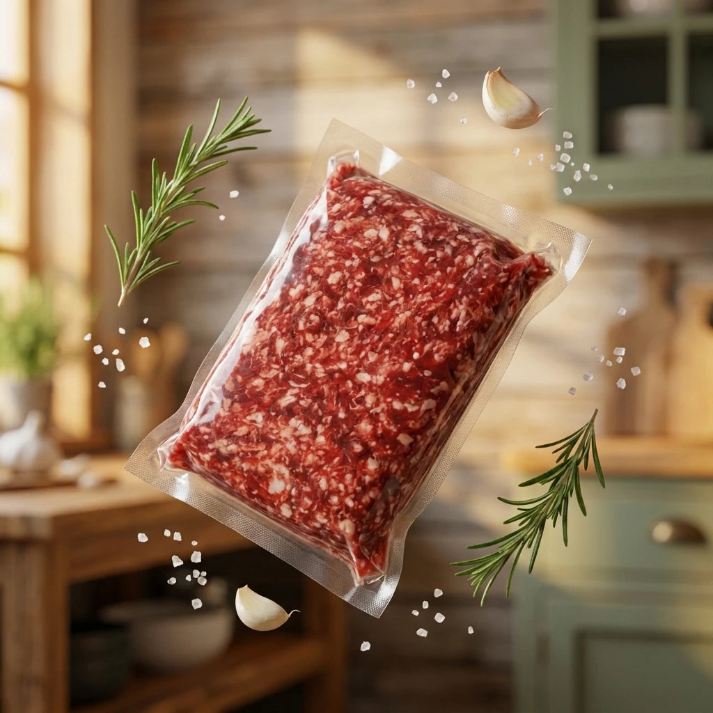 A vacuum-sealed package of ground meat floating in a softly blurred kitchen setting, surrounded by rosemary sprigs, garlic cloves, and scattered coarse salt crystals.