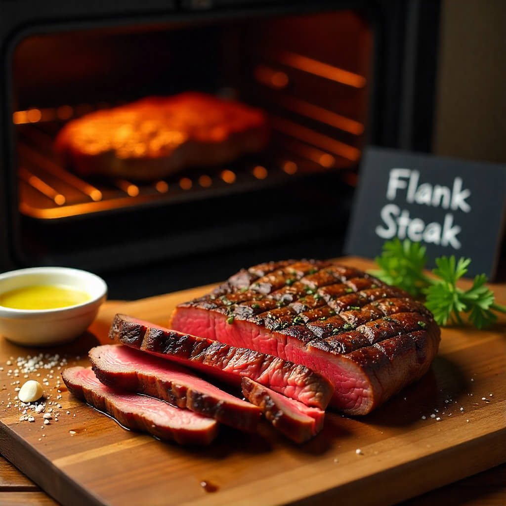 Oven Broiled Flank Steak on the table with an oven and label in the background "Flank Steak"