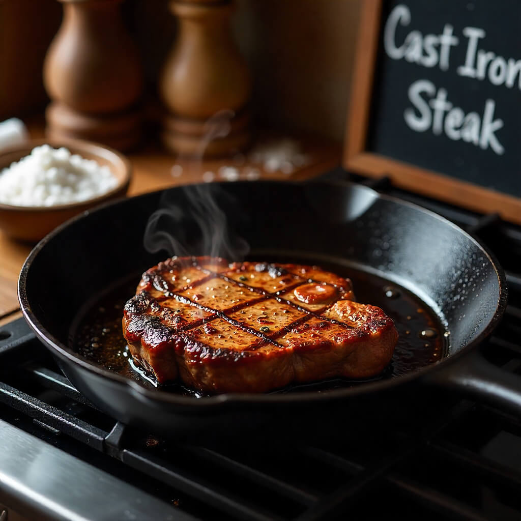 Grilled skirt steak in a cast iron skillet with a chalkboard sign in the background labeled "Cast Iron Steak"