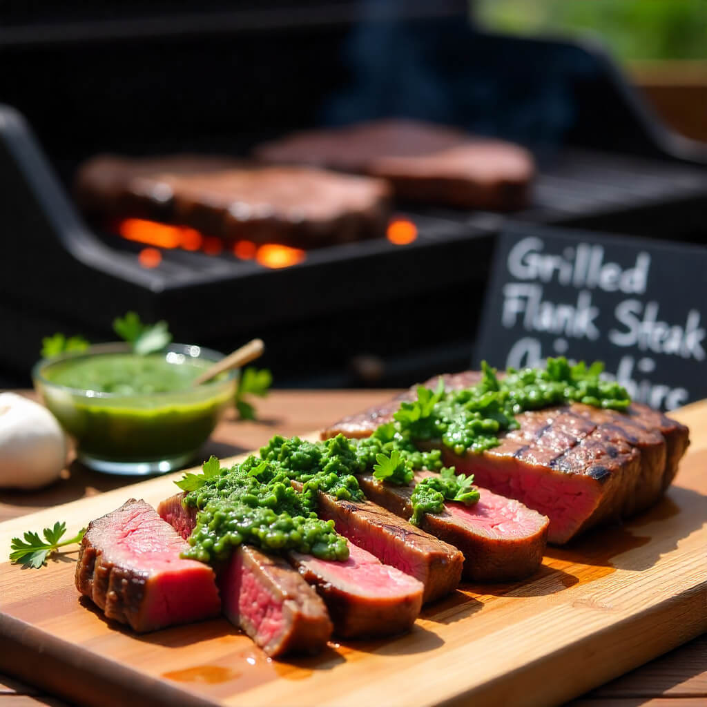 Grilled flank steak on a wooden cutting board, topped with chimichurri sauce, located outdoors with a bowl of chimichurri, and griller in the background
