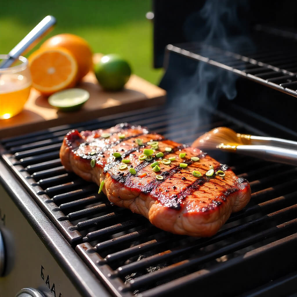 Grilled skirt steak on a barbecue with oranges and limes in the background