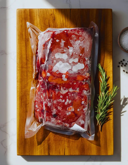 Frozen beef liver ready for liver & onions recipe, vacuum-sealed from Diamond D Ranch with salt and pepper background