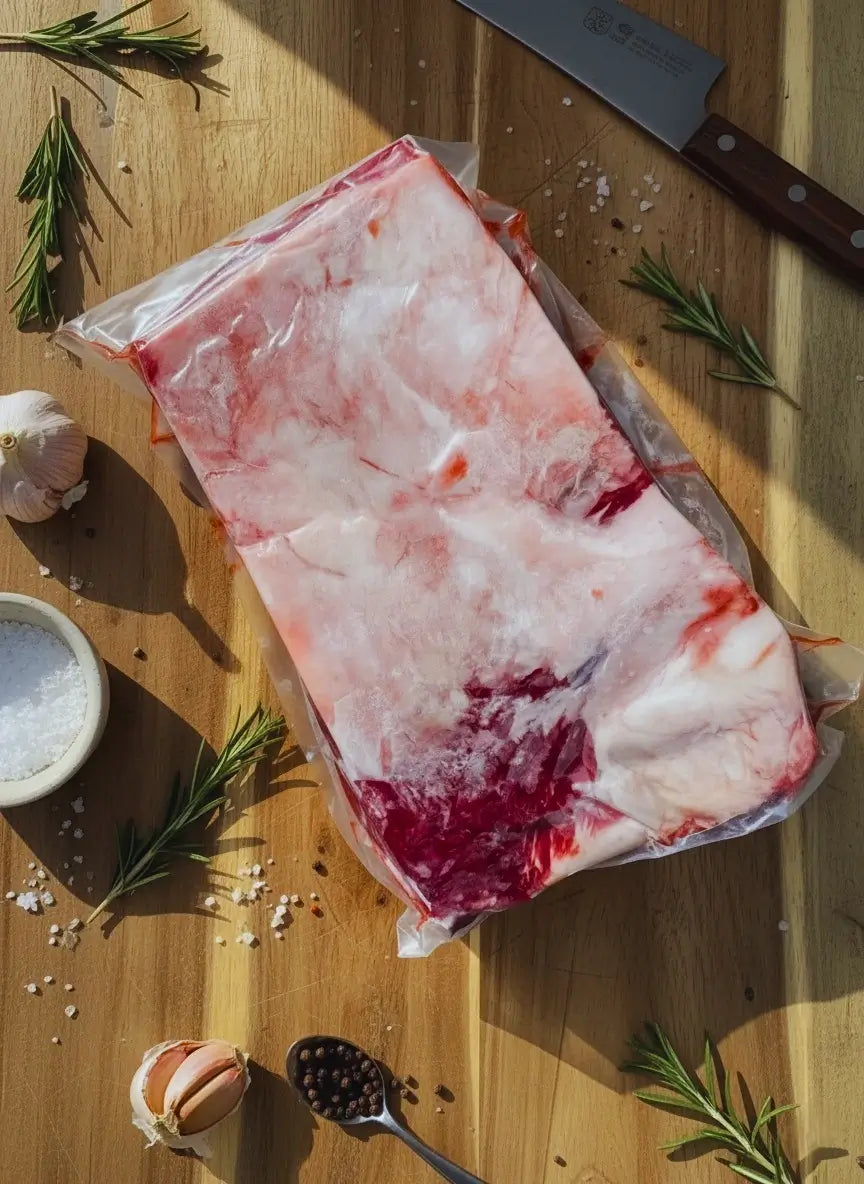 A vacuum-sealed raw beef brisket rests on a wooden cutting board, highlighting its rich marbling.