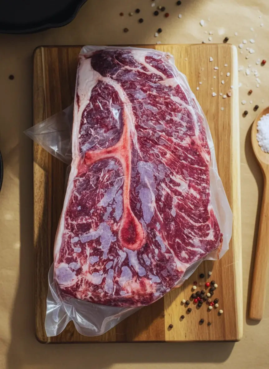 Diamond D Ranch well-marbled roast beef steak on a wooden board, ready for pot roast recipes.