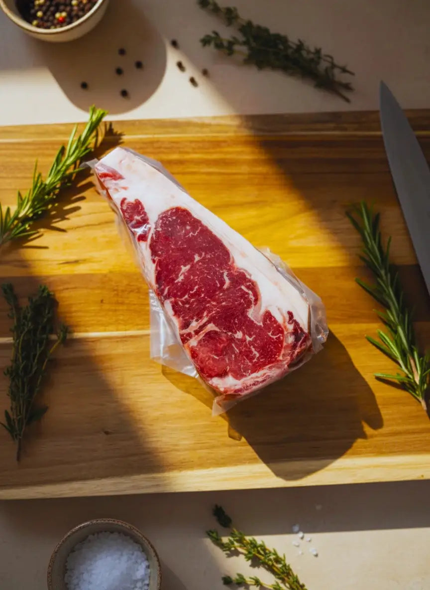 Diamond D Ranch vacuum-sealed ribeye steak on a board, showcasing rich marbling, and is ready for your grilled ribeye recipe.