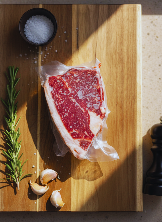 A vacuum-sealed piece of sirloin steak from Diamond D Ranch rests on a cutting board. Ready for any sirloin steak meal.
