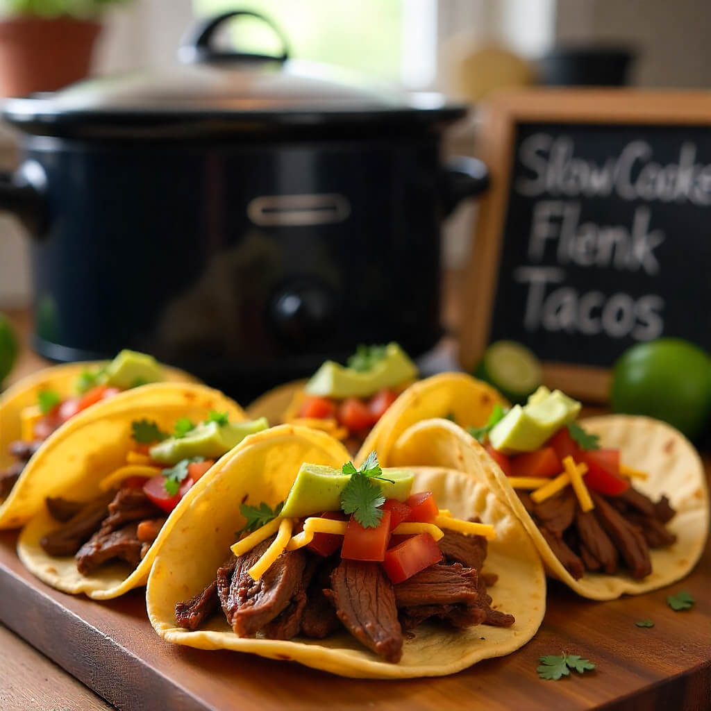 Tacos with flank steak, cheese, and avocado on a wooden board with a slow cooker in the background.