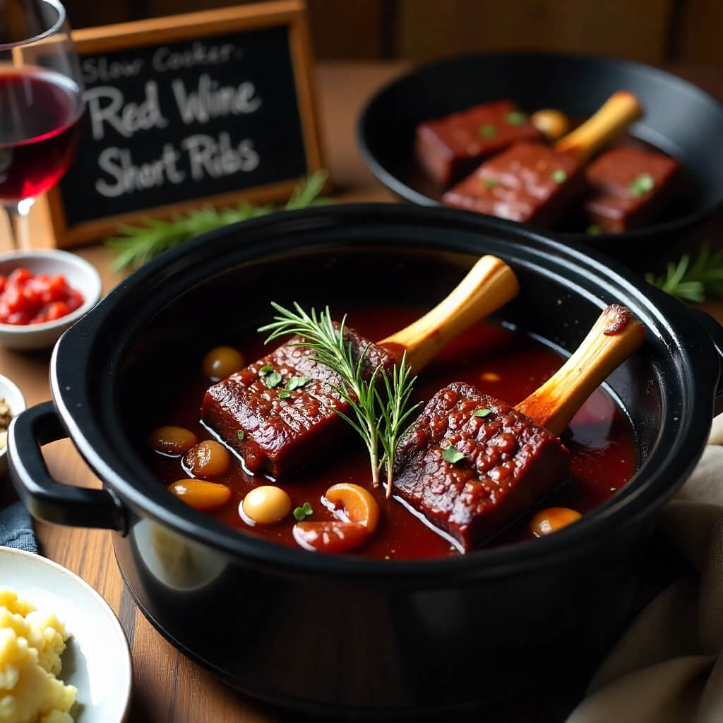 Slow cooker with red wine short ribs, garnished with rosemary, on a wooden table.