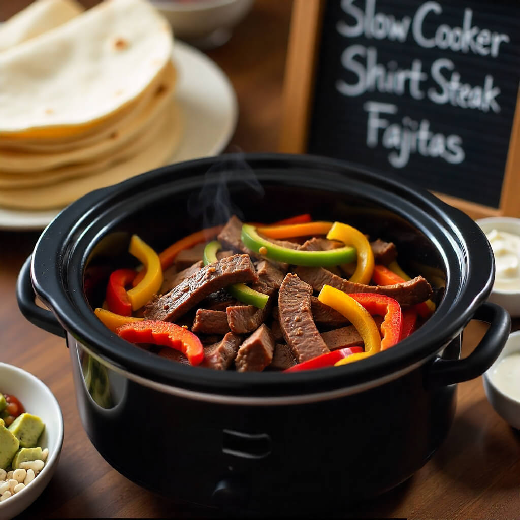 Slow cooker with fajita skirt steak and peppers on a table with tortillas and a sign indicating 'Slow Cooker Steak Fajitas'.