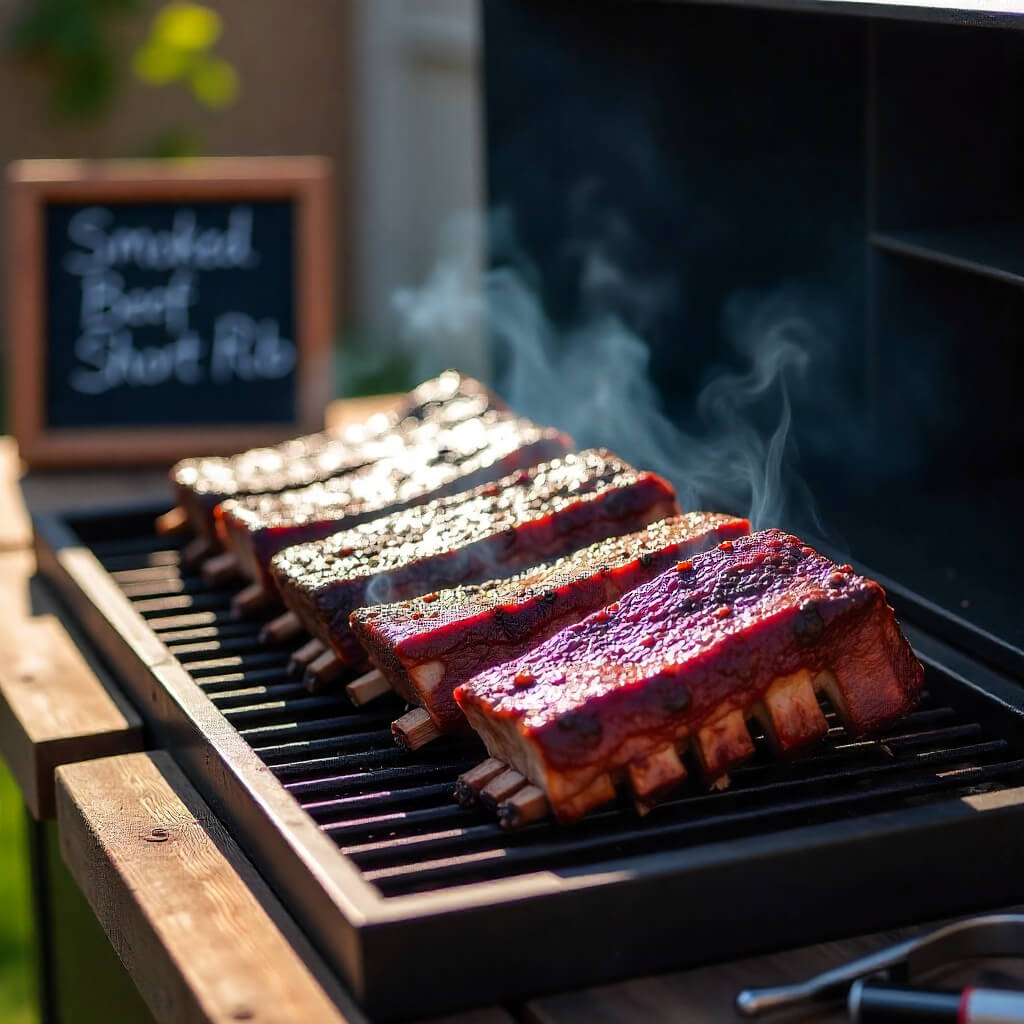 A smoked beef short recipes outside with a chalkboard labeled 
Smoked Beef Short Ribs" in the background